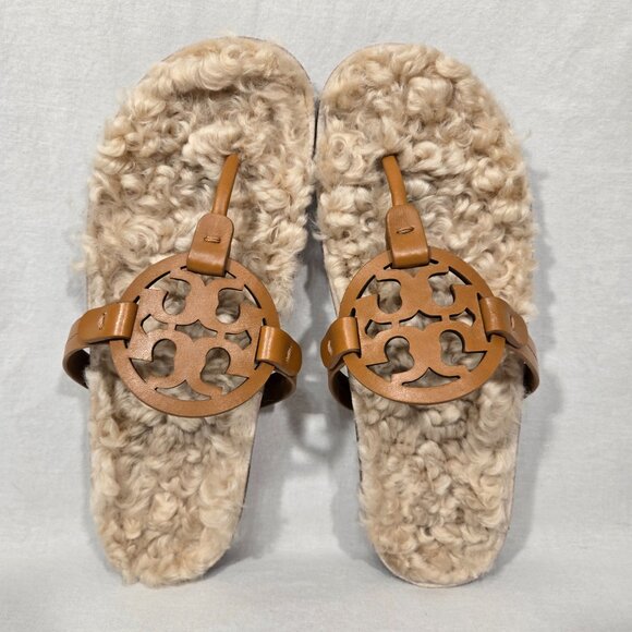 TORY BURCH Caramel MILLER CLOUD Shearling Leather Thong Slip-On Sandal Size 9.5M - Picture 9 of 17